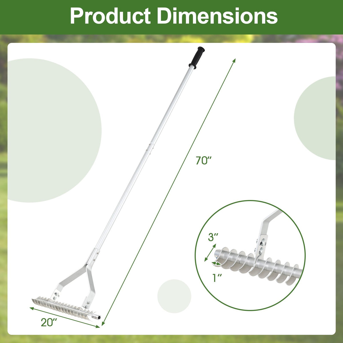 20 Inches Wide Aluminum Lawn Loosening Soil Rake with Long Handle and 19 Curved Tines view 4