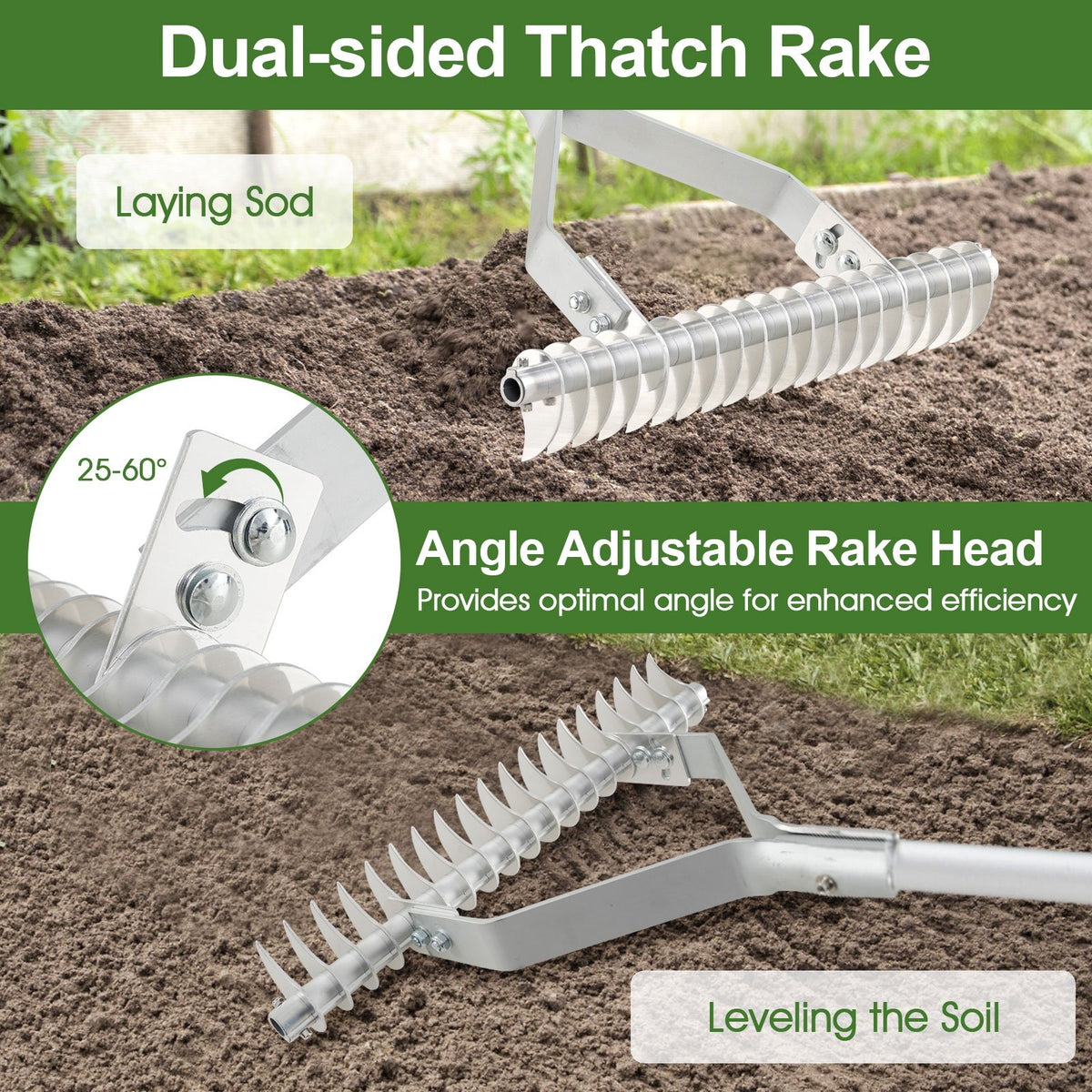 20 Inches Wide Aluminum Lawn Loosening Soil Rake with Long Handle and 19 Curved Tines view 5