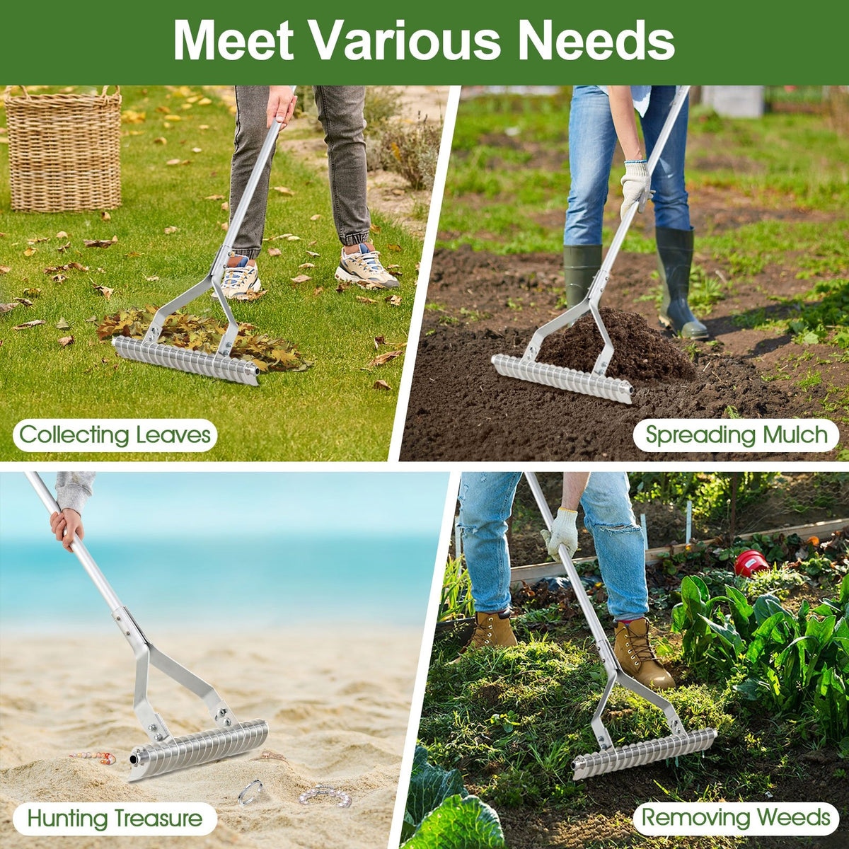 20 Inches Wide Aluminum Lawn Loosening Soil Rake with Long Handle and 19 Curved Tines view 6