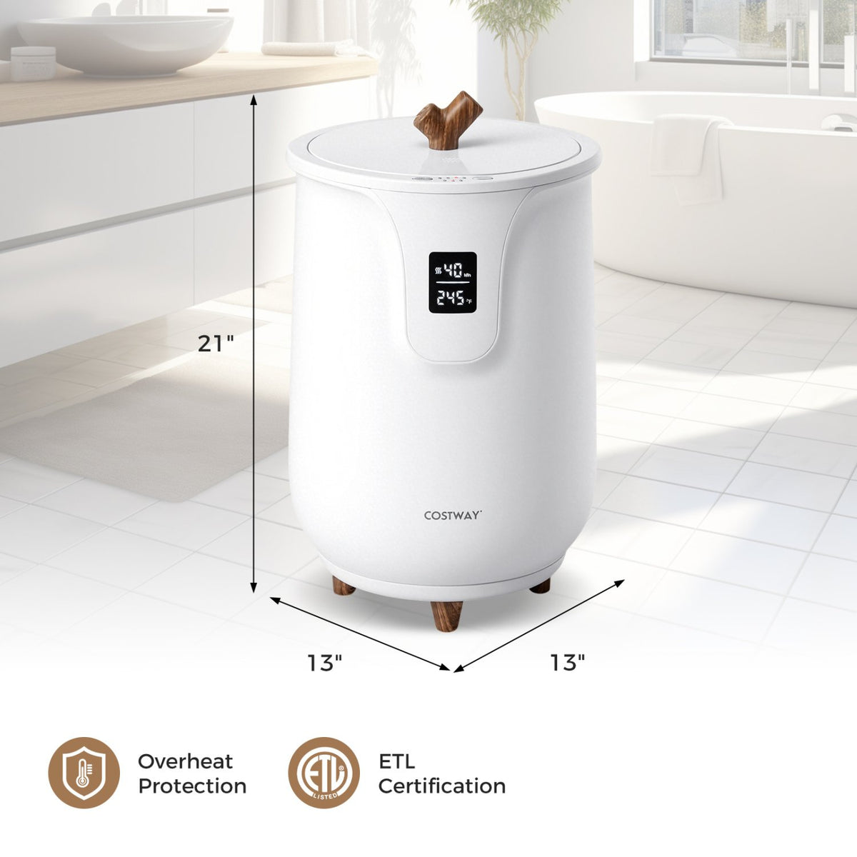 20 L Large Blanket and Towel Warmer with 3 Heat Levels for Bathroom-White view 4