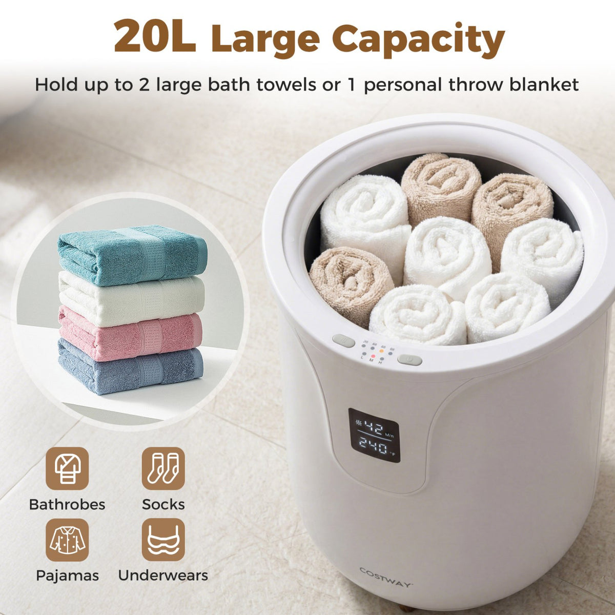20 L Large Blanket and Towel Warmer with 3 Heat Levels for Bathroom-White view 9