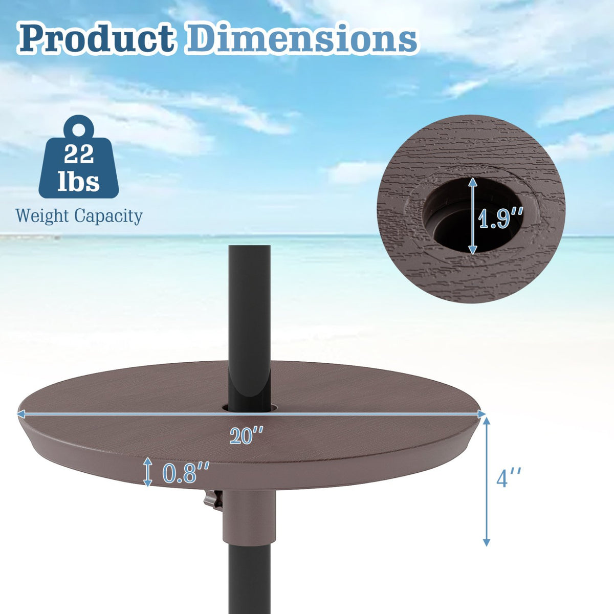 20 Inch Outdoor Adjustable Umbrella Table for 2 Sizes Patio Umbrella Pole-Coffee view 4