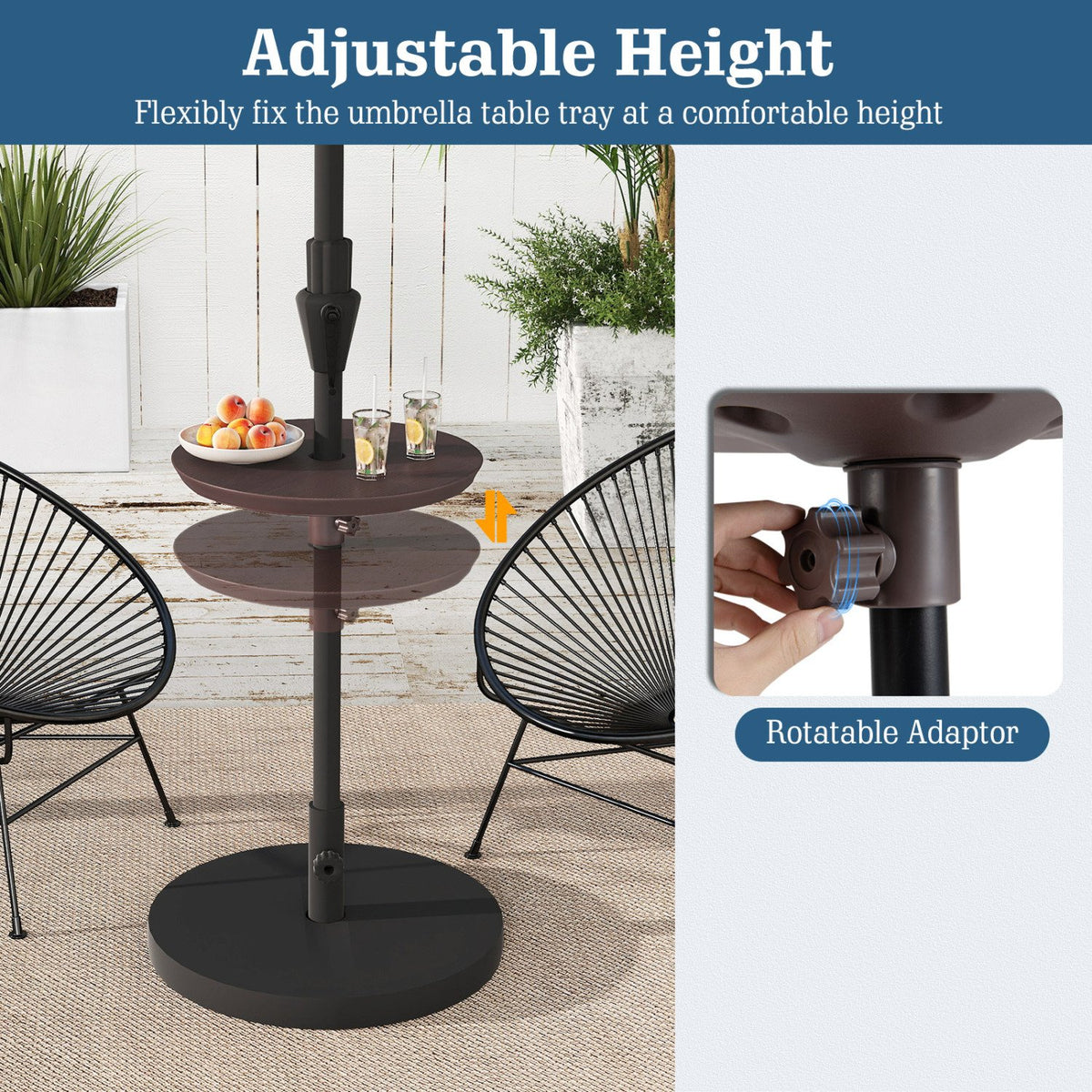 20 Inch Outdoor Adjustable Umbrella Table for 2 Sizes Patio Umbrella Pole-Coffee view 8