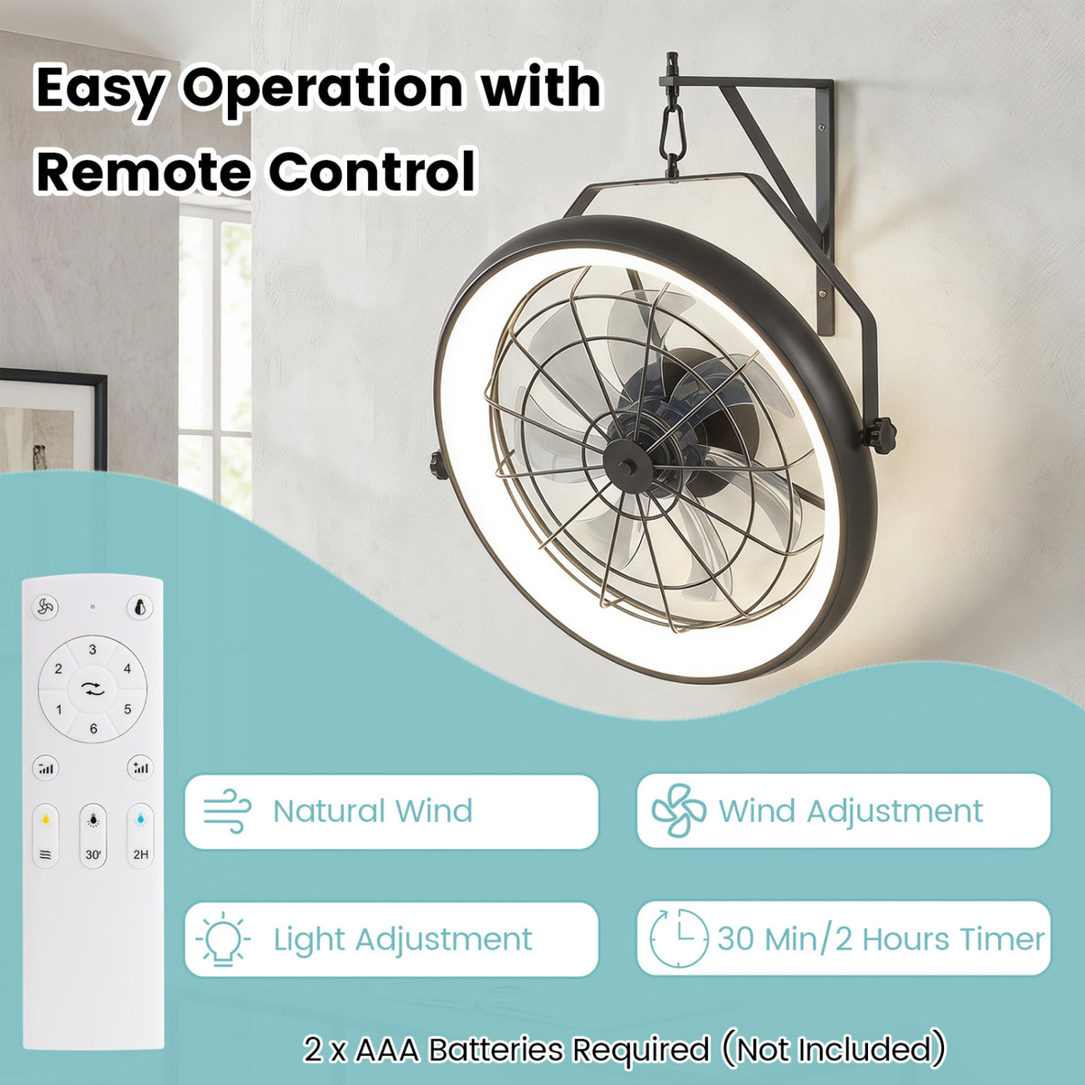 20” Wall Mounted Fan with Dimmable LED Light and 6 Wind Speeds-Black view 5
