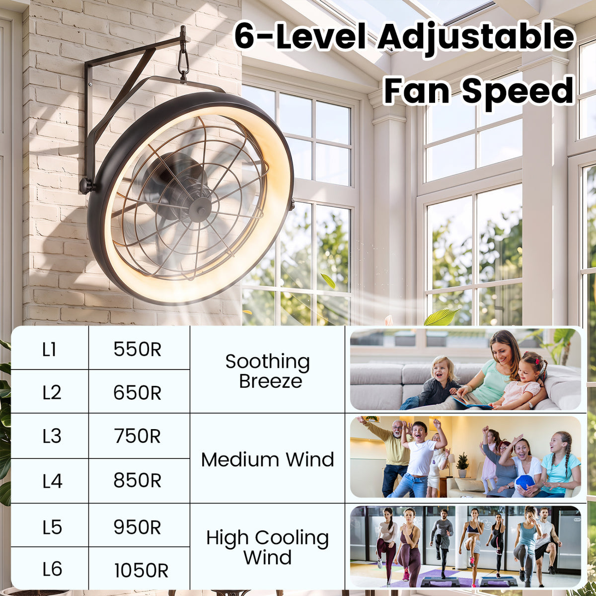 20” Wall Mounted Fan with Dimmable LED Light and 6 Wind Speeds-Black view 7