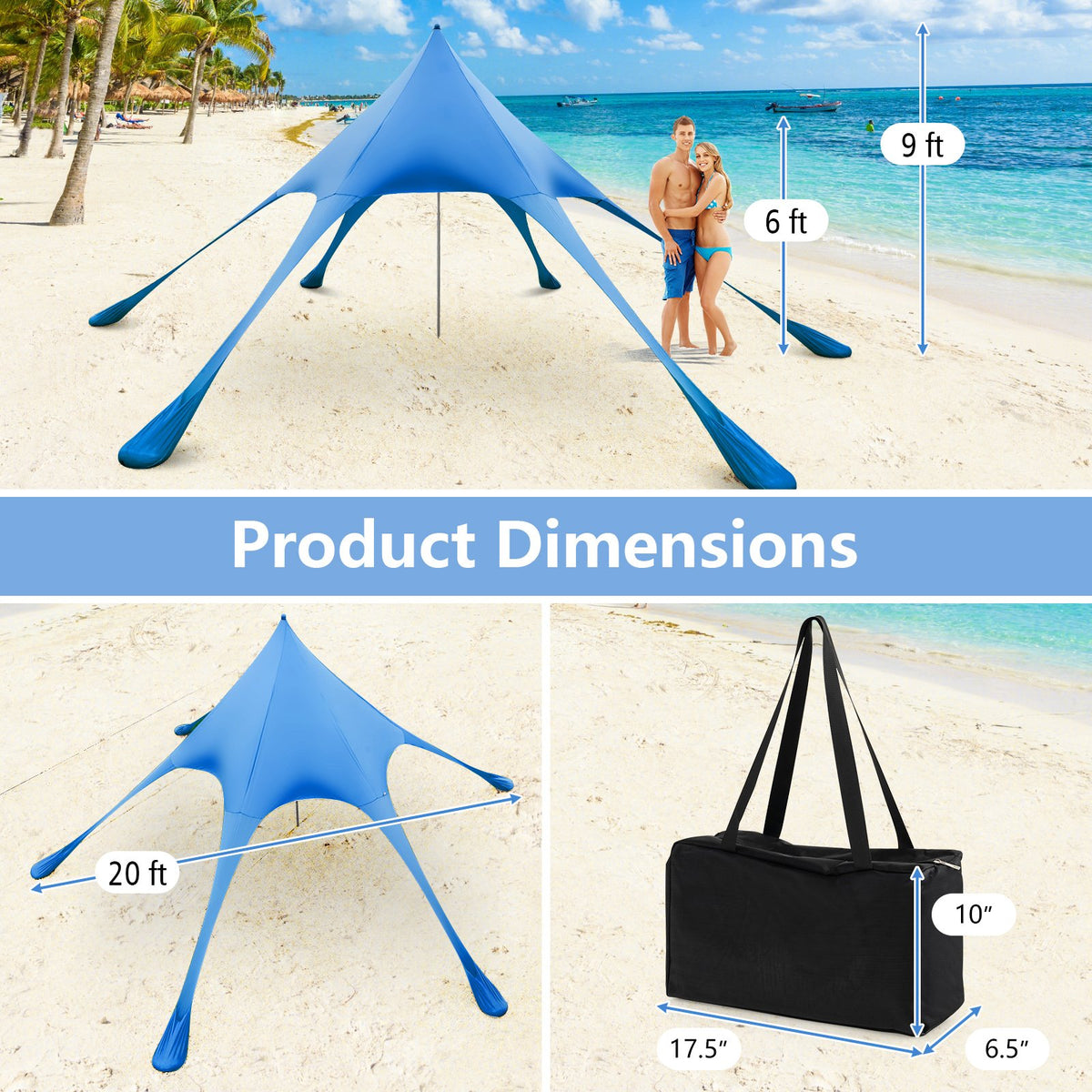 20 x 20 Feet Beach Canopy Tent with UPF50+ Sun Protection and Shovel-Blue view 4