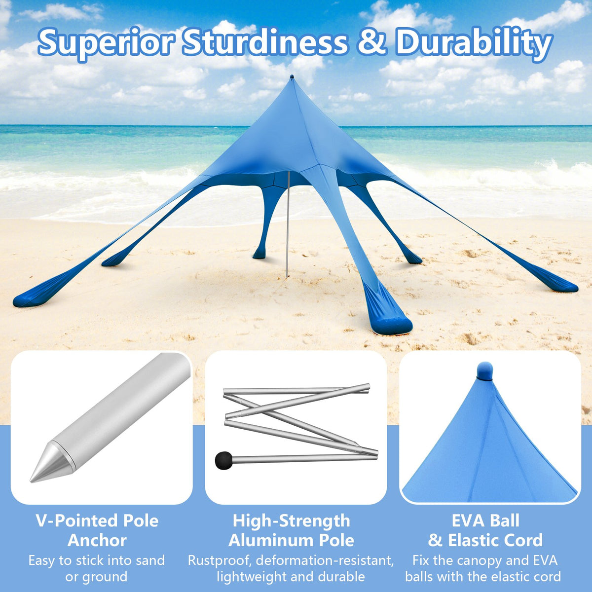 20 x 20 Feet Beach Canopy Tent with UPF50+ Sun Protection and Shovel-Blue view 6