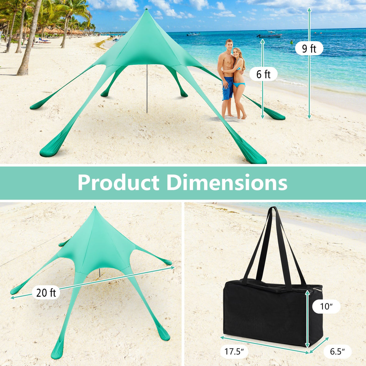 20 x 20 Feet Beach Canopy Tent with UPF50+ Sun Protection and Shovel-Green view 4