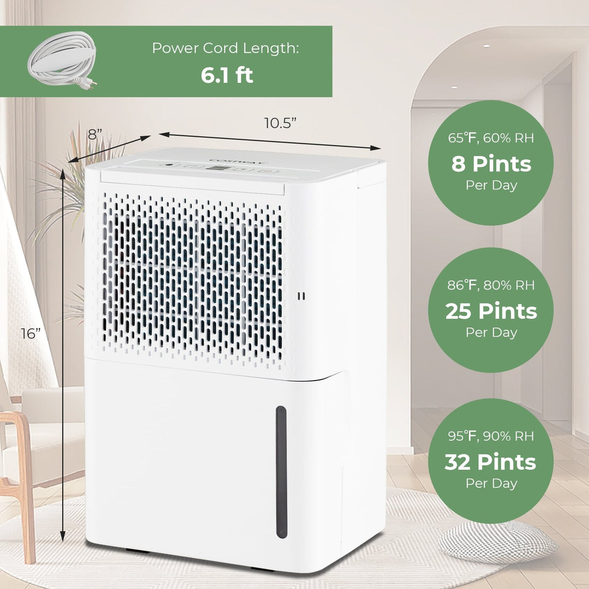 2000 Sq. Ft 32 Pint Dehumidifier with Continuous/Drying/Auto Mode-White view 4
