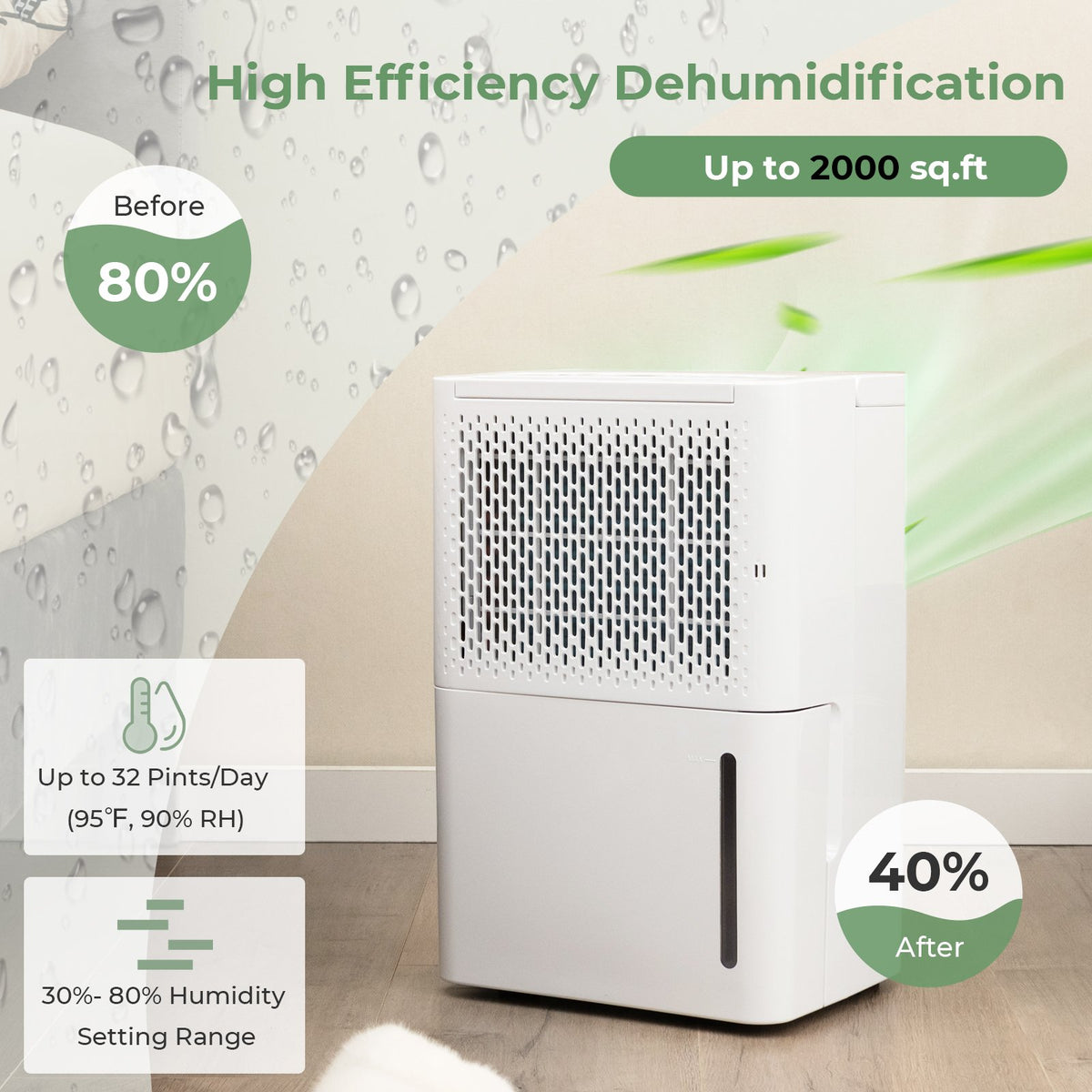 2000 Sq. Ft 32 Pint Dehumidifier with Continuous/Drying/Auto Mode-White view 8