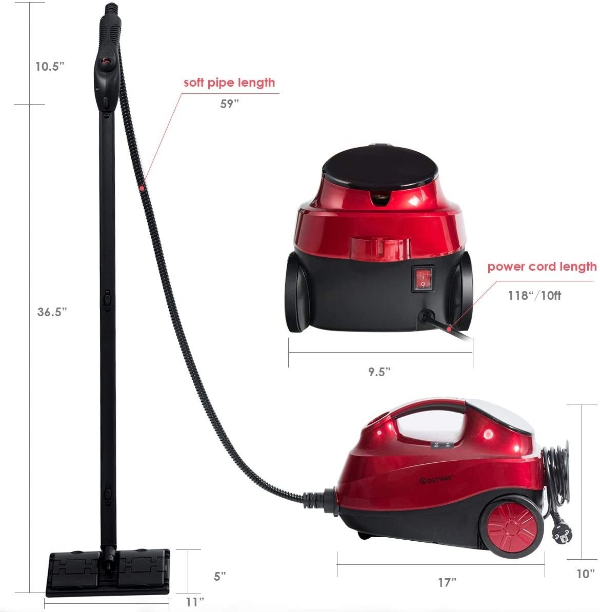 2000W Heavy Duty Multi-purpose Steam Cleaner Mop with Detachable Handheld Unit-Red view 4