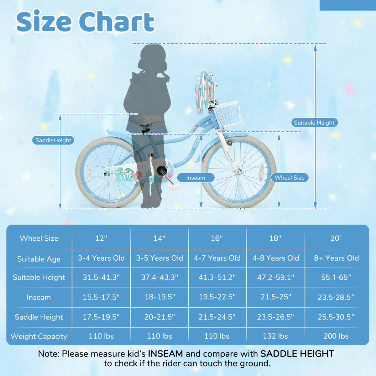 20 Inch Kids Bike Adjustable with Basket and Streamers Blue - Princess of the Sea Theme view 5