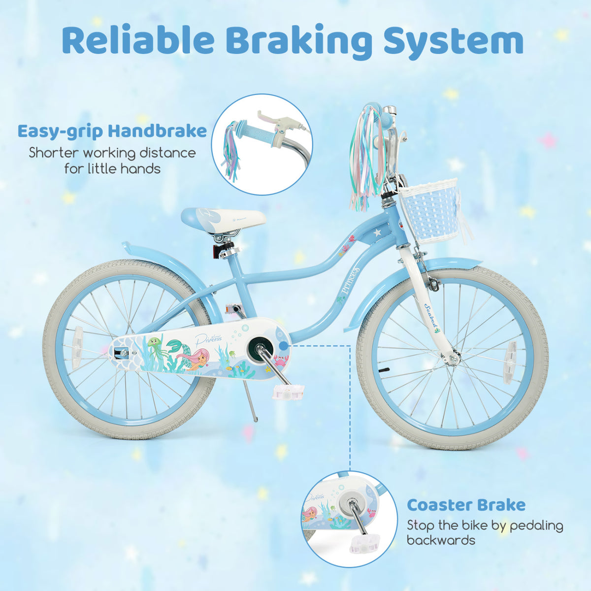 20 Inch Kids Bike Adjustable with Basket and Streamers Blue - Princess of the Sea Theme view 8