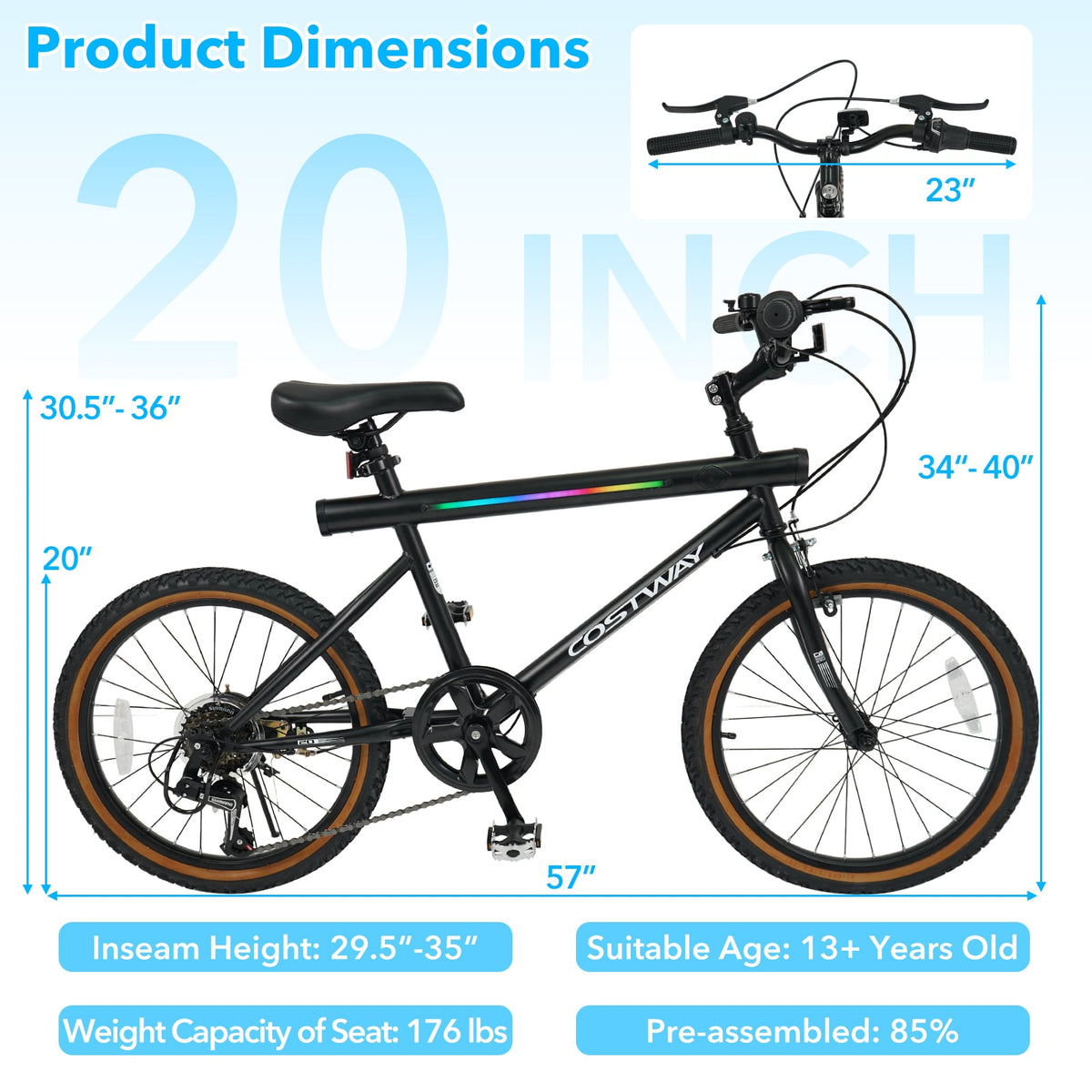 20 Inch LED-lit Cycling Bike with 2 Speakers and Ambient Lights for Men and Women-Black view 5