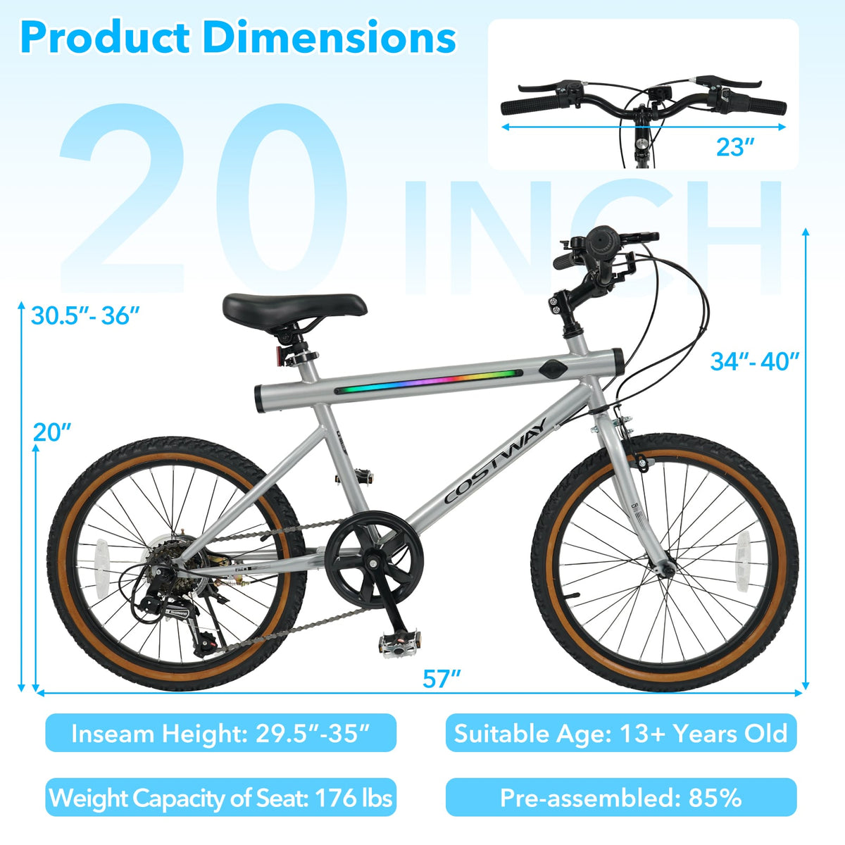 20 Inch LED-lit Cycling Bike with 2 Speakers and Ambient Lights for Men and Women-Silver view 5