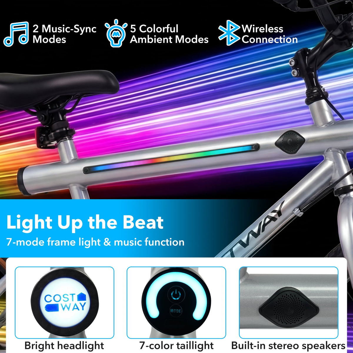 20 Inch LED-lit Cycling Bike with 2 Speakers and Ambient Lights for Men and Women-Silver view 7