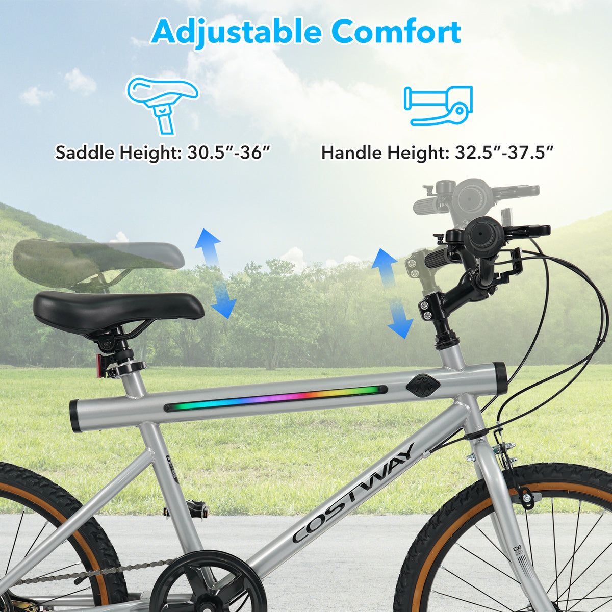 20 Inch LED-lit Cycling Bike with 2 Speakers and Ambient Lights for Men and Women-Silver view 9