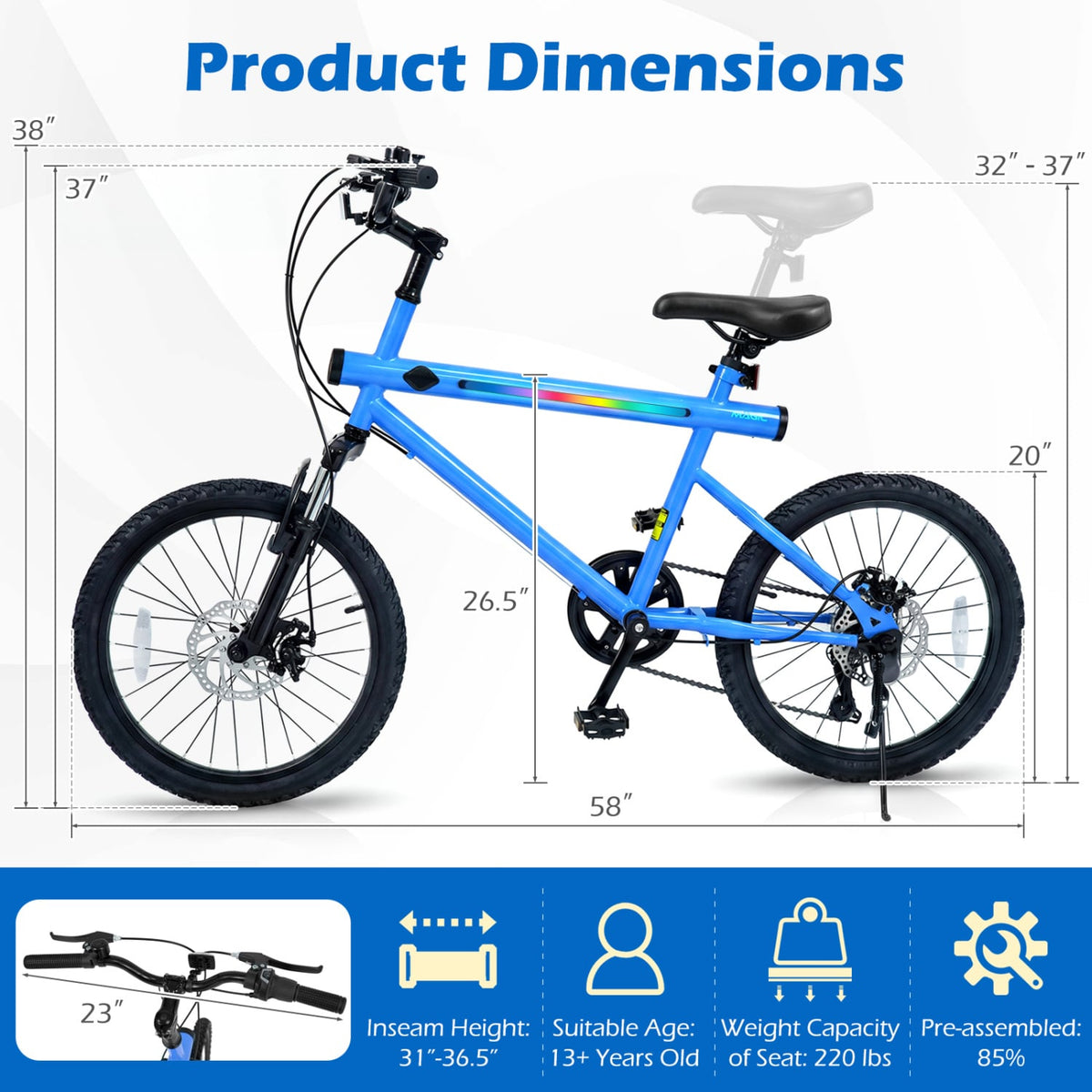 20 Inch Commuter Bicycle LED-lit with 6-Speed Shimano Twist Shifting and Stereo Speakers-Blue view 5