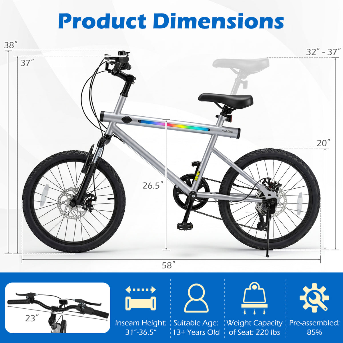 20 Inch Commuter Bicycle LED-lit with 6-Speed Shimano Twist Shifting and Stereo Speakers-Silver view 5