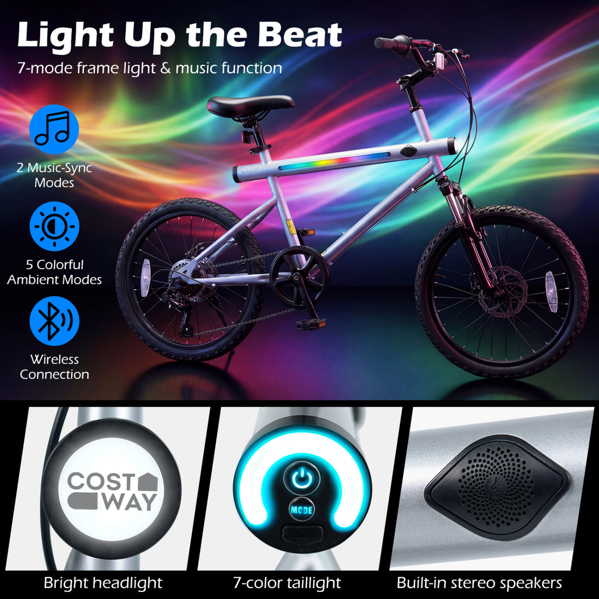 20 Inch Commuter Bicycle LED-lit with 6-Speed Shimano Twist Shifting and Stereo Speakers-Silver view 8