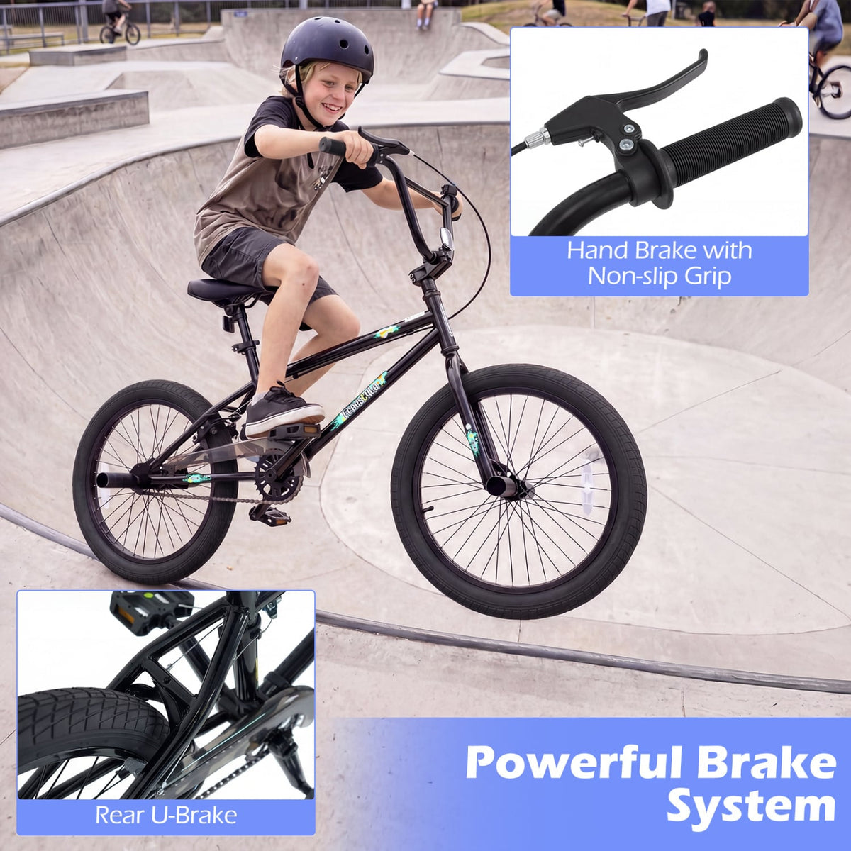 20 Inch Trick Bicycle with 270 Degree Steering and Adjustable Seat for Kids and Teens-Black view 8