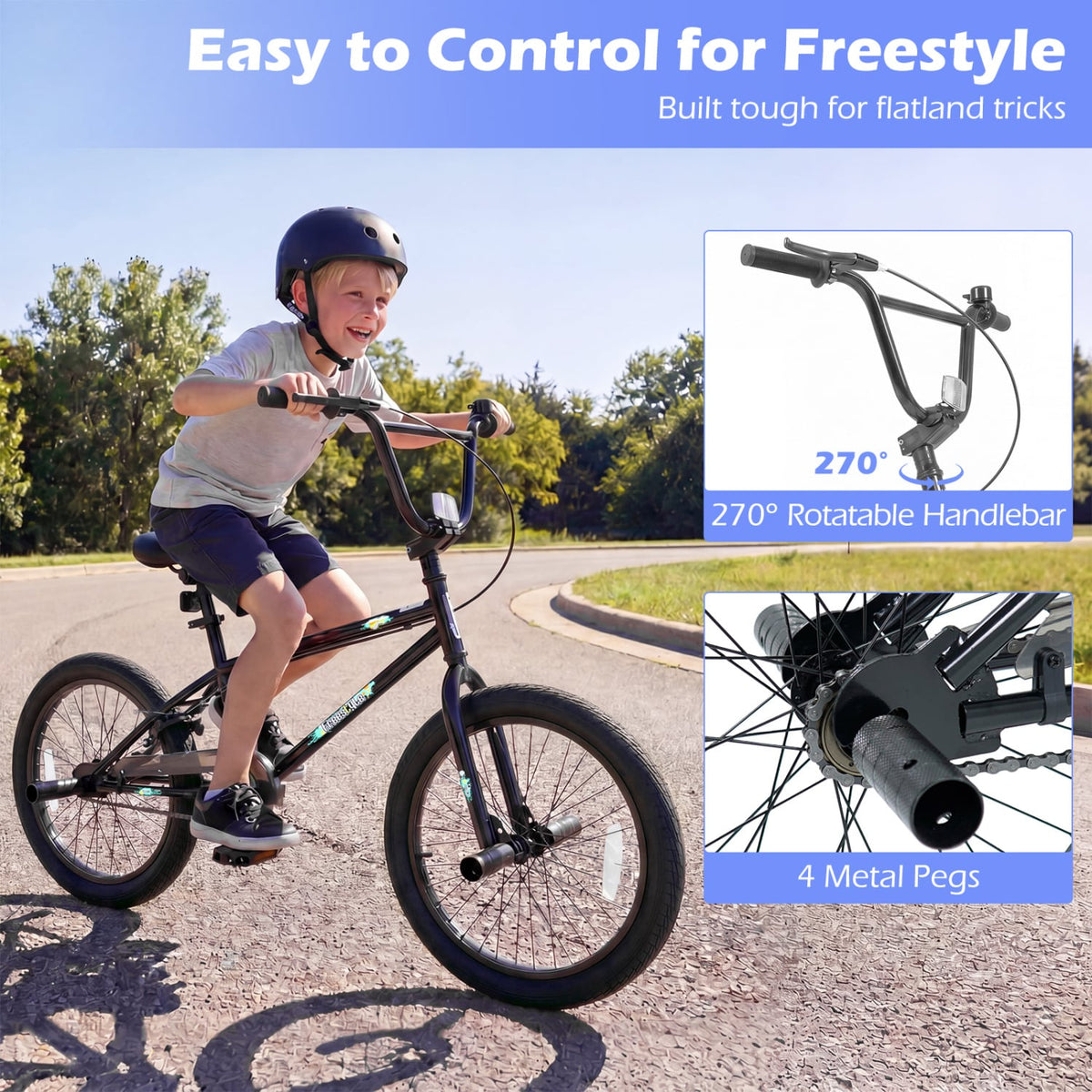 20 Inch Trick Bicycle with 270 Degree Steering and Adjustable Seat for Kids and Teens-Black view 7