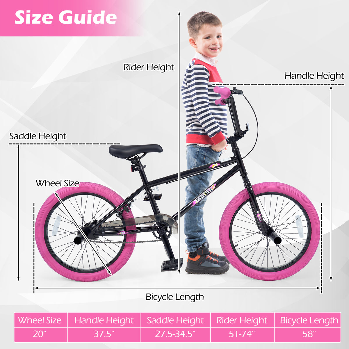 20 inches Trick Bicycle with 270 Degree Steering and Adjustable Seat for Kids and Teens-Pink view 5