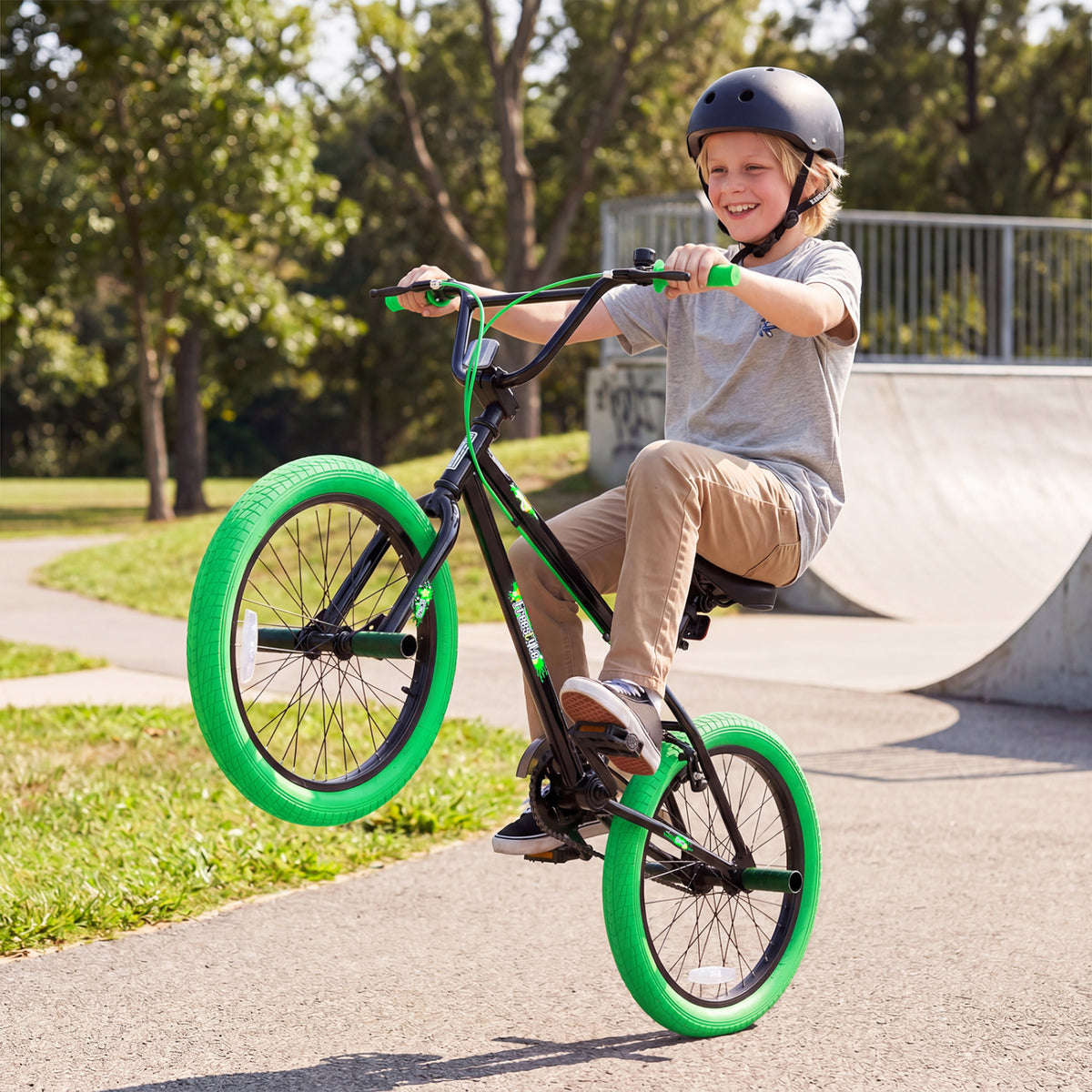 20 inches Trick Bicycle with 270 Degree Steering and Adjustable Seat for Kids and Teens-Green view 2