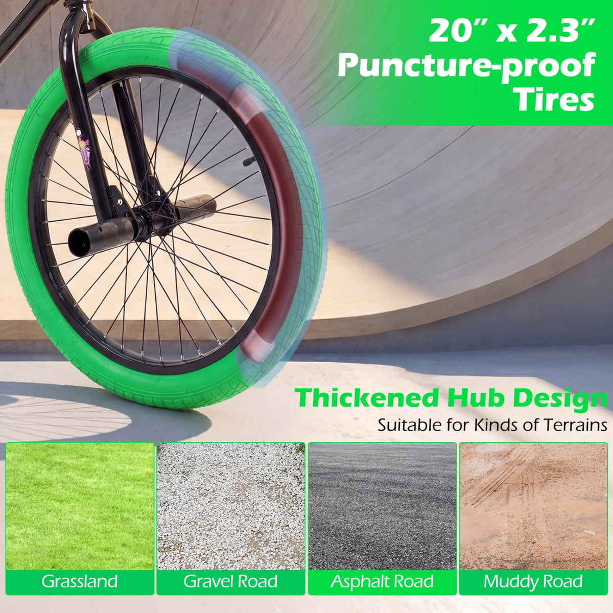 20 inches Trick Bicycle with 270 Degree Steering and Adjustable Seat for Kids and Teens-Green view 9