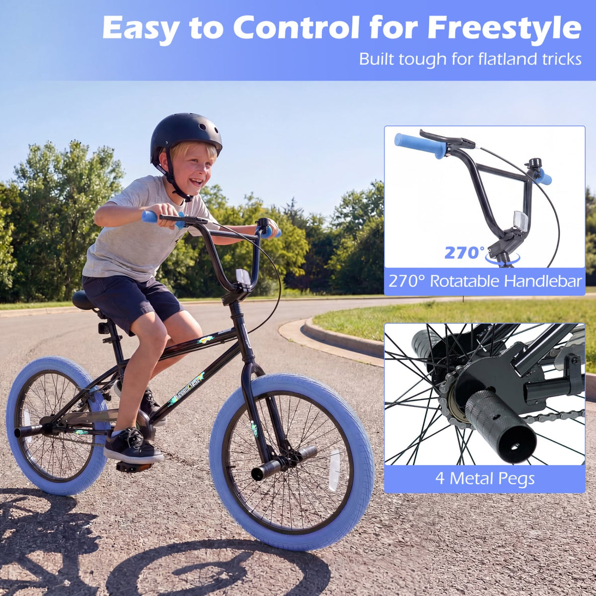 20 inches Trick Bicycle with 270 Degree Steering and Adjustable Seat for Kids and Teens-Navy view 6