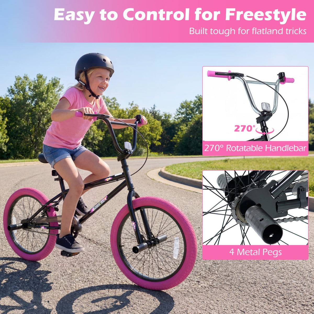 20 inches Trick Bicycle with 270 Degree Steering and Adjustable Seat for Kids and Teens-Pink view 7