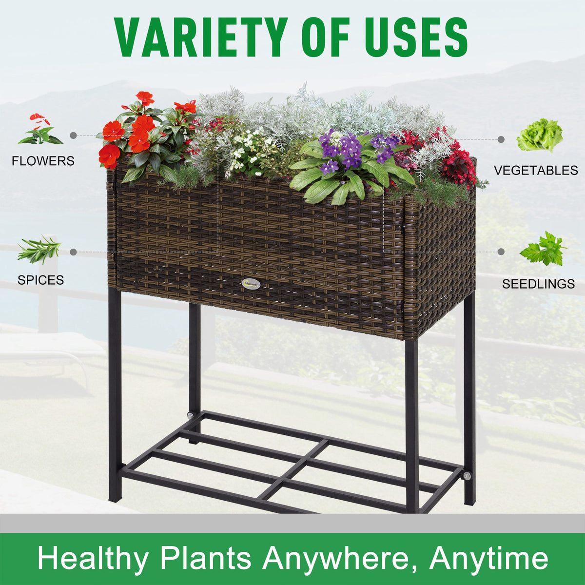 Rattan Raised Garden Boxes, Elevated Flower Beds with Storage Shelf for Herbs, Flowers, Vegetables, Brown – view 3