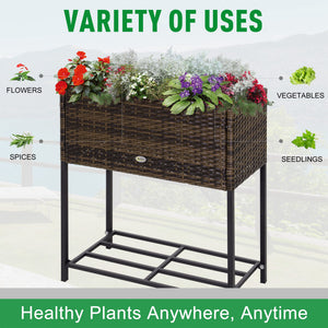 Rattan Raised Garden Boxes, Elevated Flower Beds with Storage Shelf for Herbs, Flowers, Vegetables, Brown – view 3