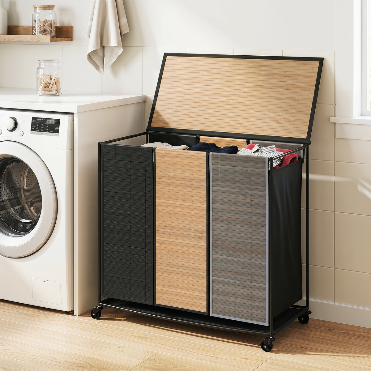 21.4 Gal Laundry Hamper with Lid 3-Section with 2 Lockable Wheels-Gray view 2