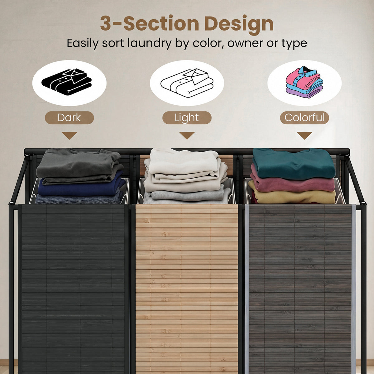 21.4 Gal Laundry Hamper with Lid 3-Section with 2 Lockable Wheels-Gray view 5