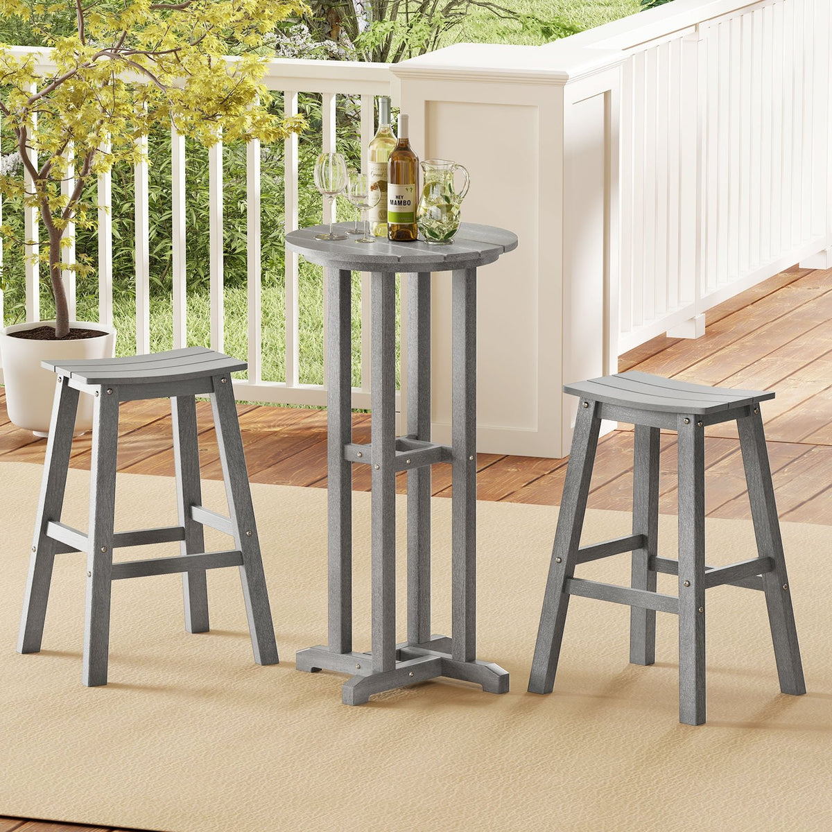 21.5 Inch Round Bar Table Patio HDPE Bar Height Dining Table with Slatted Tabletop-Gray view 3