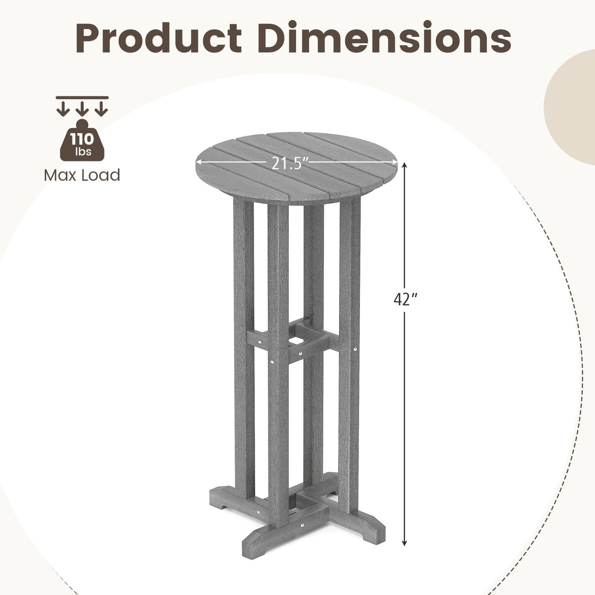 21.5 Inch Round Bar Table Patio HDPE Bar Height Dining Table with Slatted Tabletop-Gray view 5