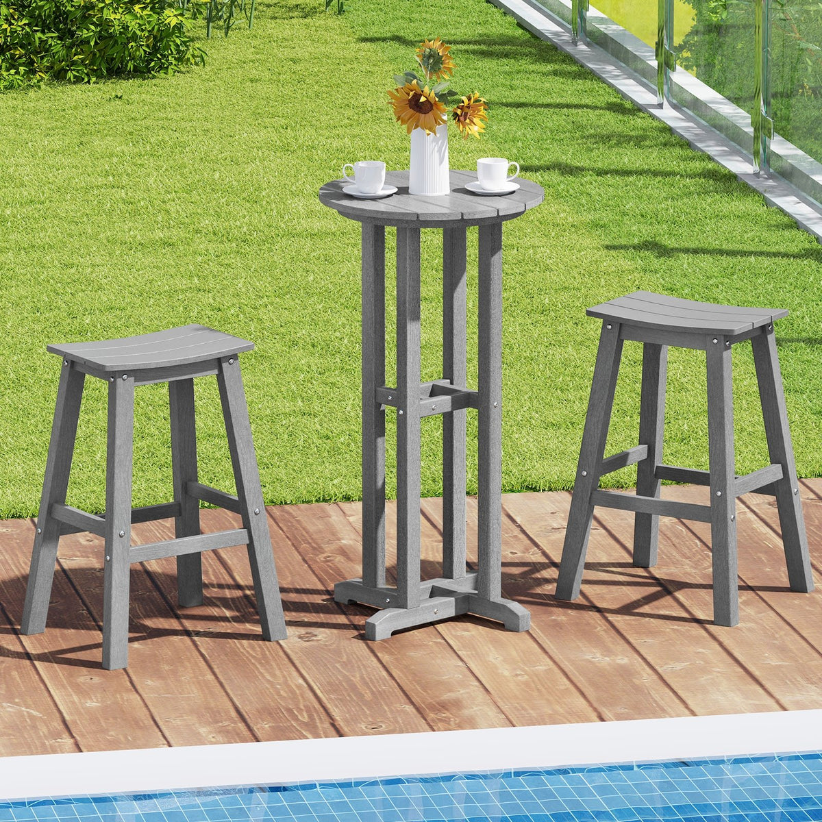 21.5 Inch Round Bar Table Patio HDPE Bar Height Dining Table with Slatted Tabletop-Gray view 6