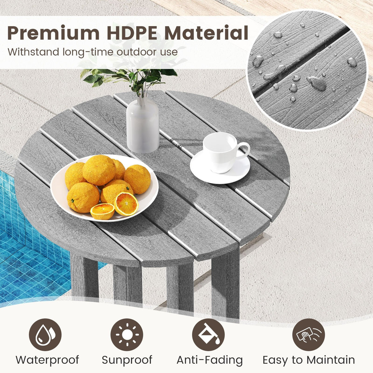 21.5 Inch Round Bar Table Patio HDPE Bar Height Dining Table with Slatted Tabletop-Gray view 7
