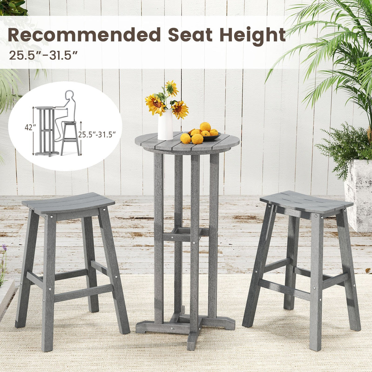 21.5 Inch Round Bar Table Patio HDPE Bar Height Dining Table with Slatted Tabletop-Gray view 8