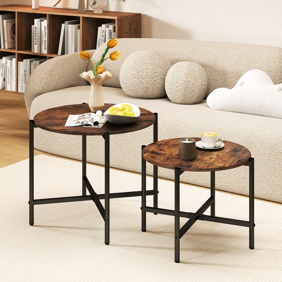 Round Coffee Table Set of 2 with Heavy-Duty Metal Frame-Rustic Brown view 2