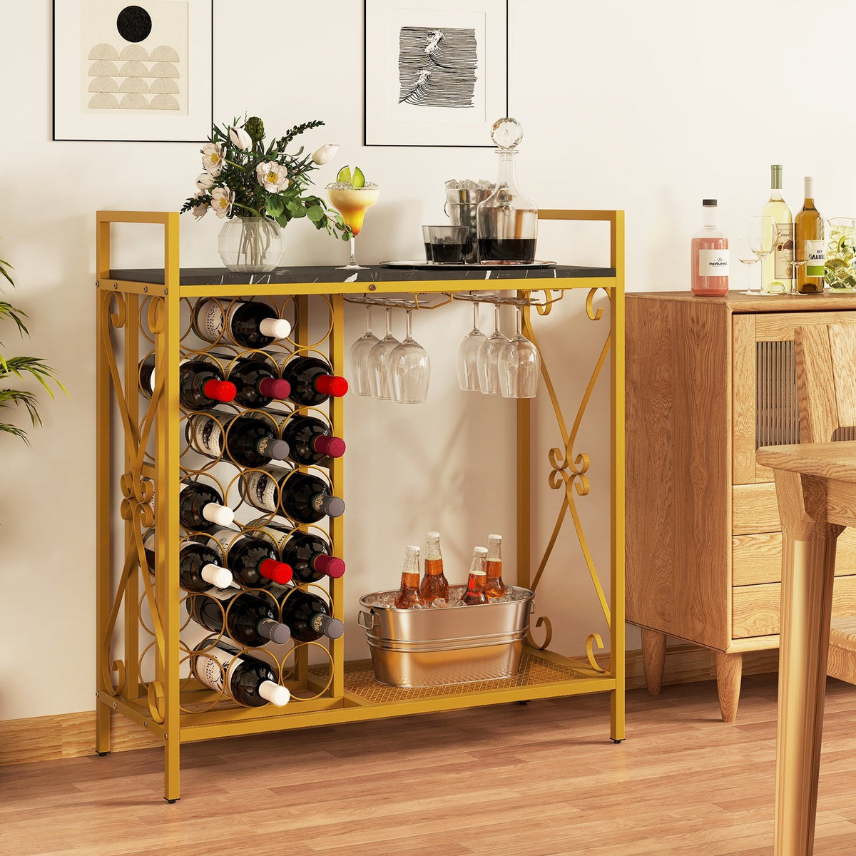 21 Bottle Wine Rack Freestanding Floor Wine Bottle Organizer with Glass Holder-Golden view 2