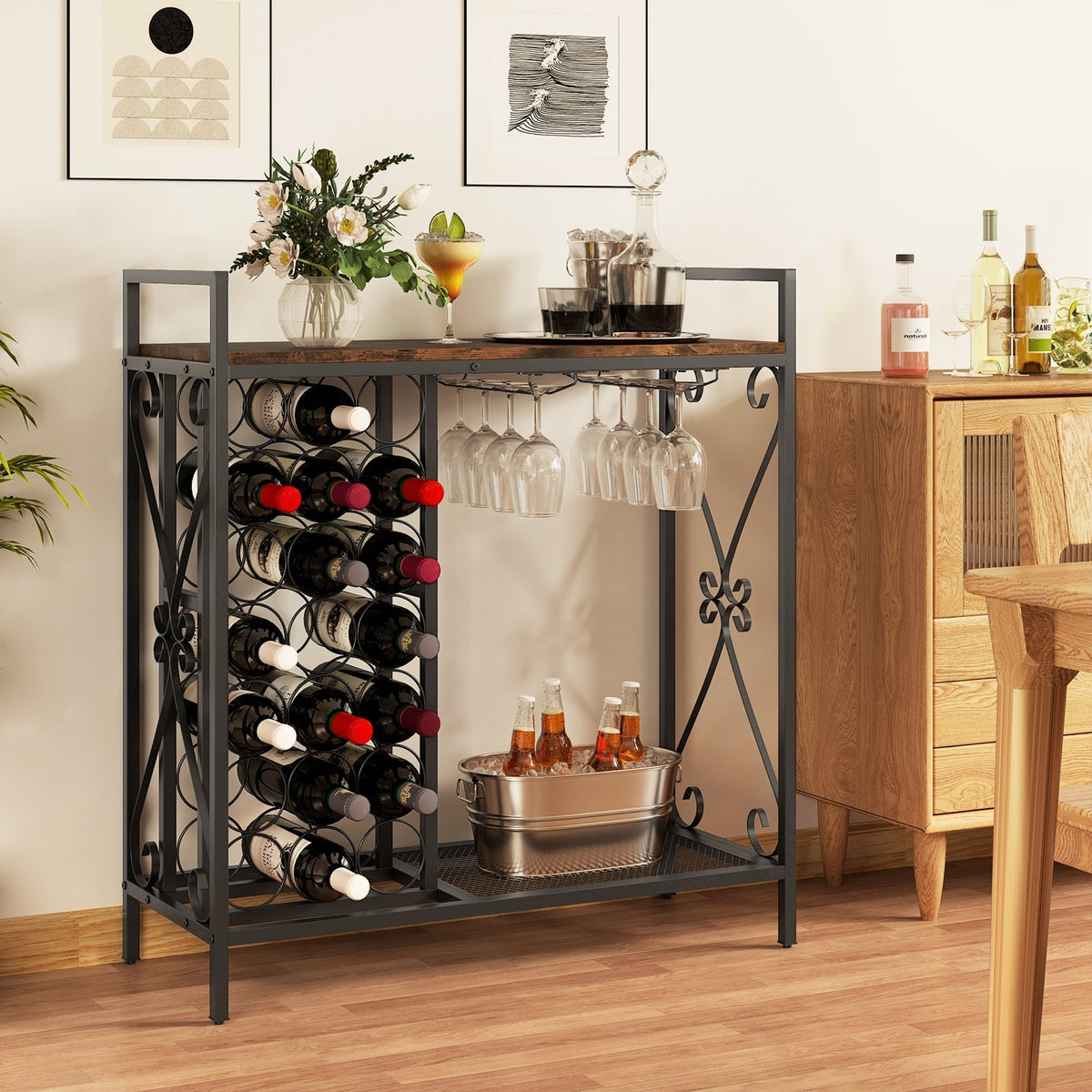 21 Bottle Wine Rack Freestanding Floor Wine Bottle Organizer with Glass Holder-Rustic Brown view 2