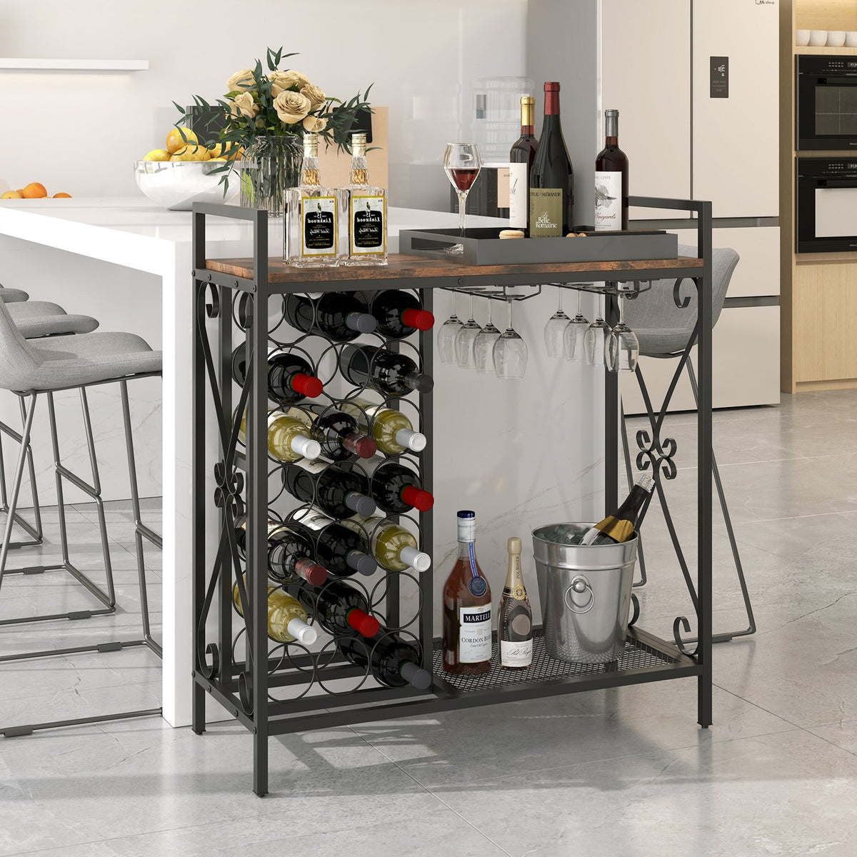 21 Bottle Wine Rack Freestanding Floor Wine Bottle Organizer with Glass Holder-Rustic Brown view 3