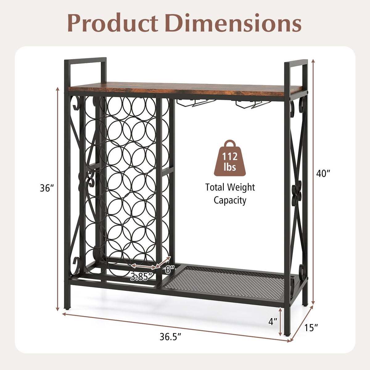21 Bottle Wine Rack Freestanding Floor Wine Bottle Organizer with Glass Holder-Rustic Brown view 5