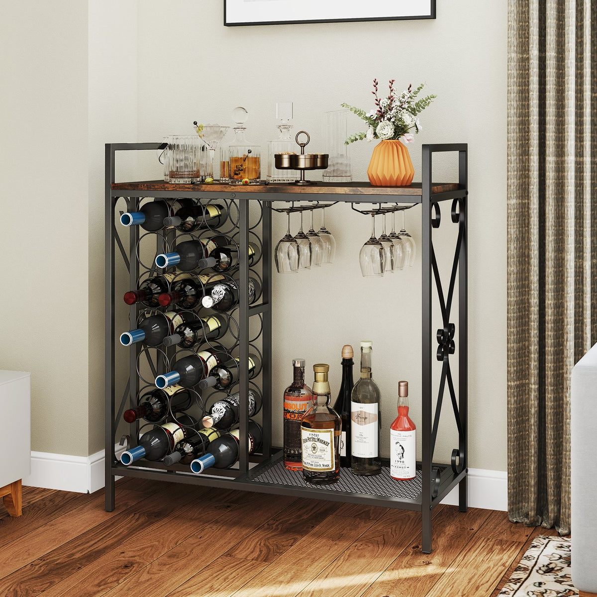 21 Bottle Wine Rack Freestanding Floor Wine Bottle Organizer with Glass Holder-Rustic Brown view 6