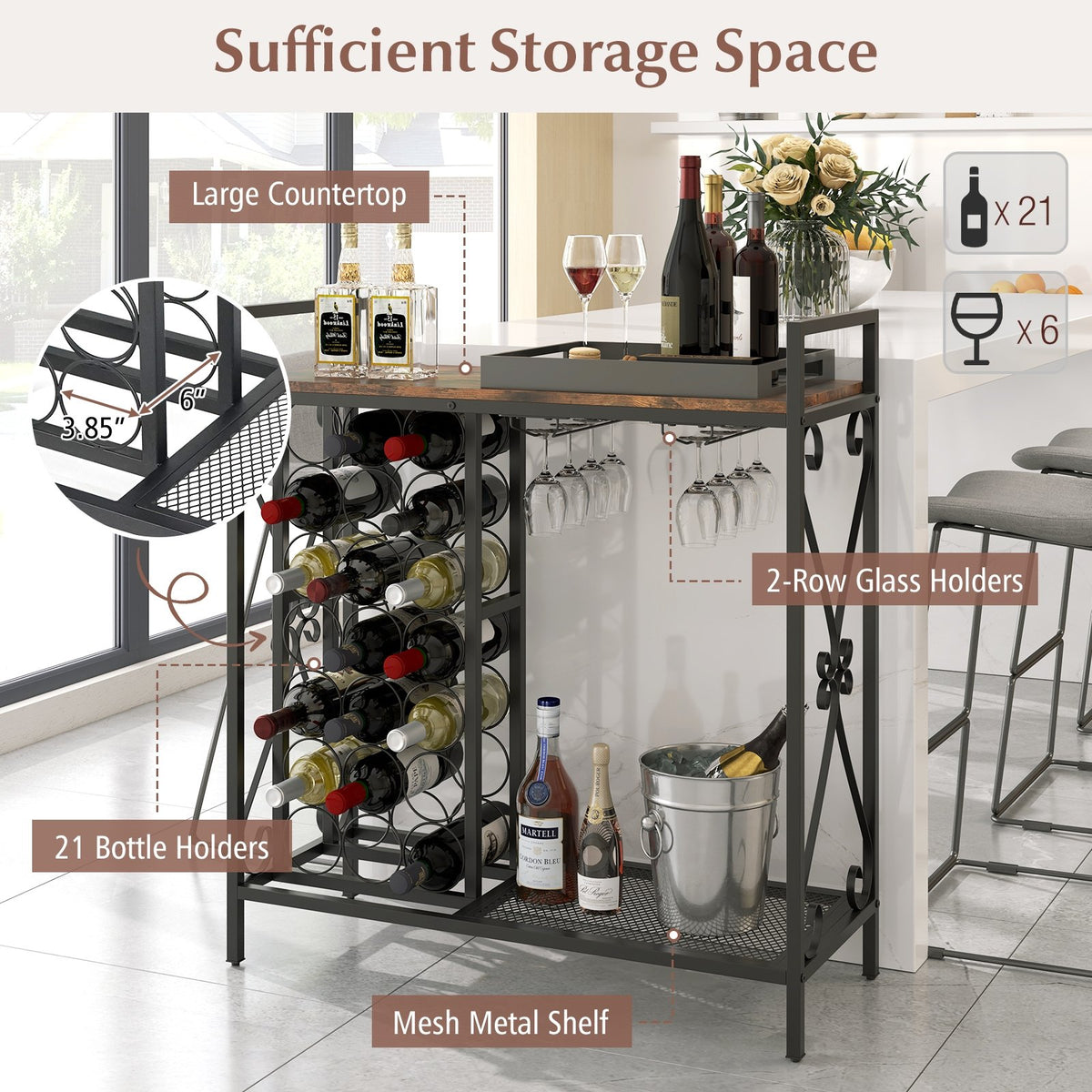 21 Bottle Wine Rack Freestanding Floor Wine Bottle Organizer with Glass Holder-Rustic Brown view 7