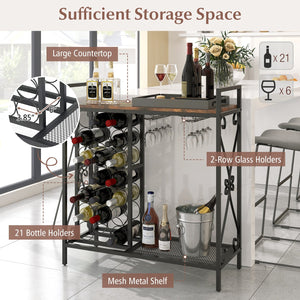 21 Bottle Wine Rack Freestanding Floor Wine Bottle Organizer with Glass Holder-Rustic Brown view 7