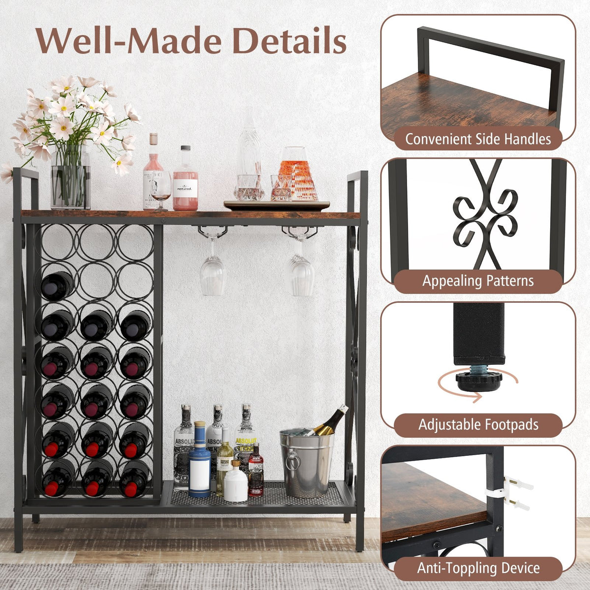 21 Bottle Wine Rack Freestanding Floor Wine Bottle Organizer with Glass Holder-Rustic Brown view 8