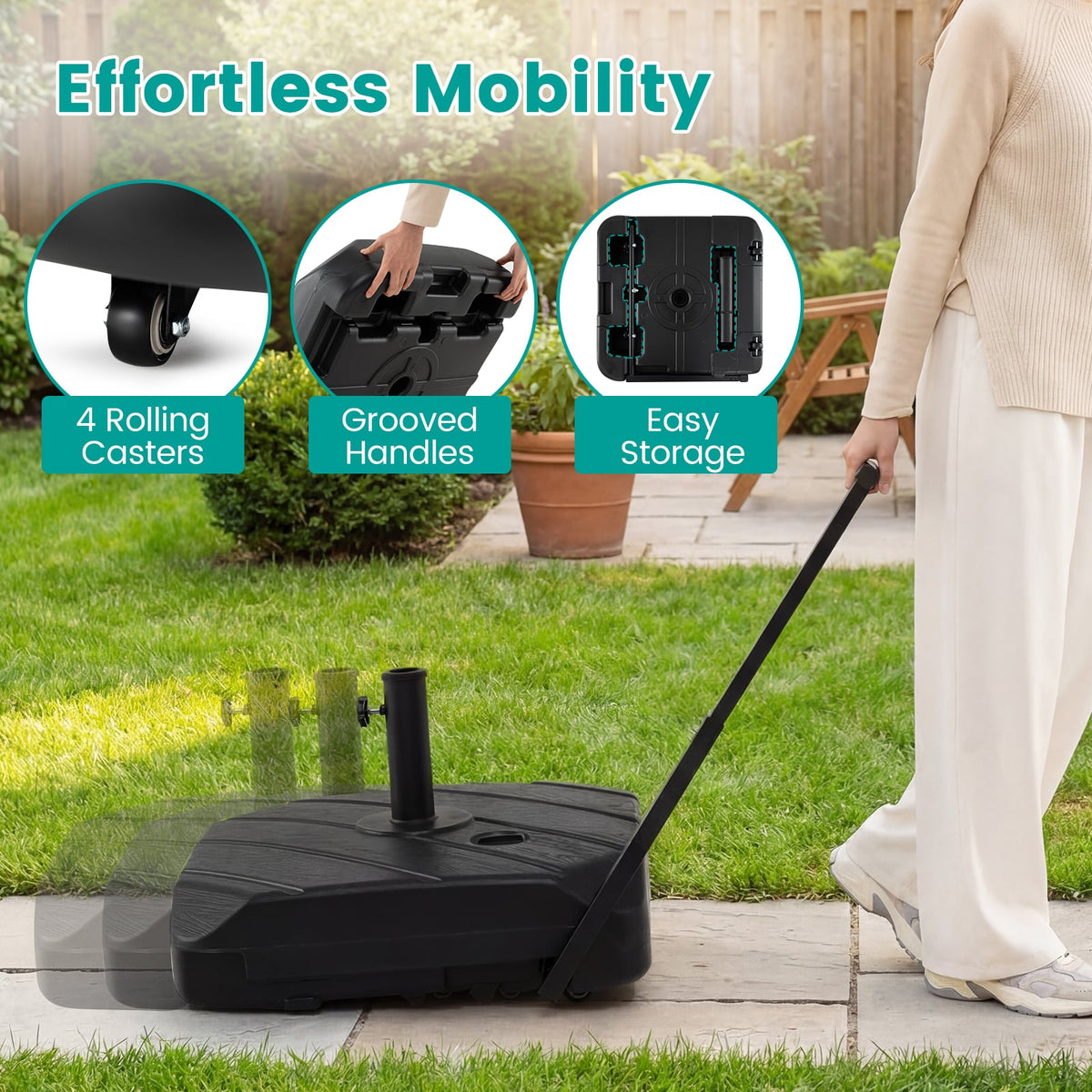 211 LBS Fillable Patio Umbrella Base with Wheels and Telescopic Pull Rod view 8